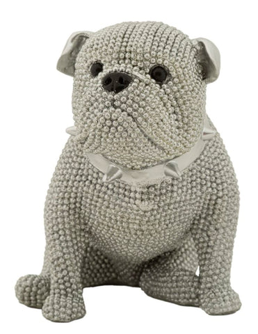 Estatua Bulldog Sentado Diamantes y Collar Plateado