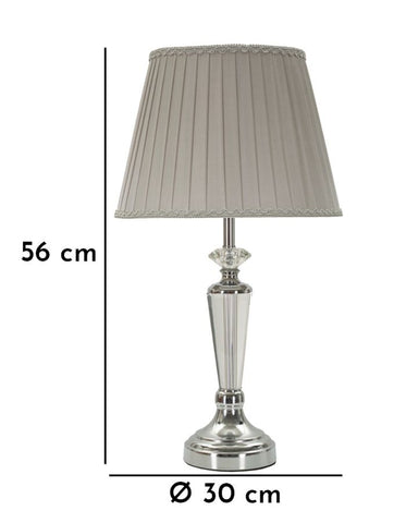 Lámpara de mesa de metal plateado con pantalla de tela gris