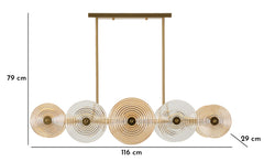Suspension en métal doré avec abat-jours en verre ronds décorés de cercles concentriques