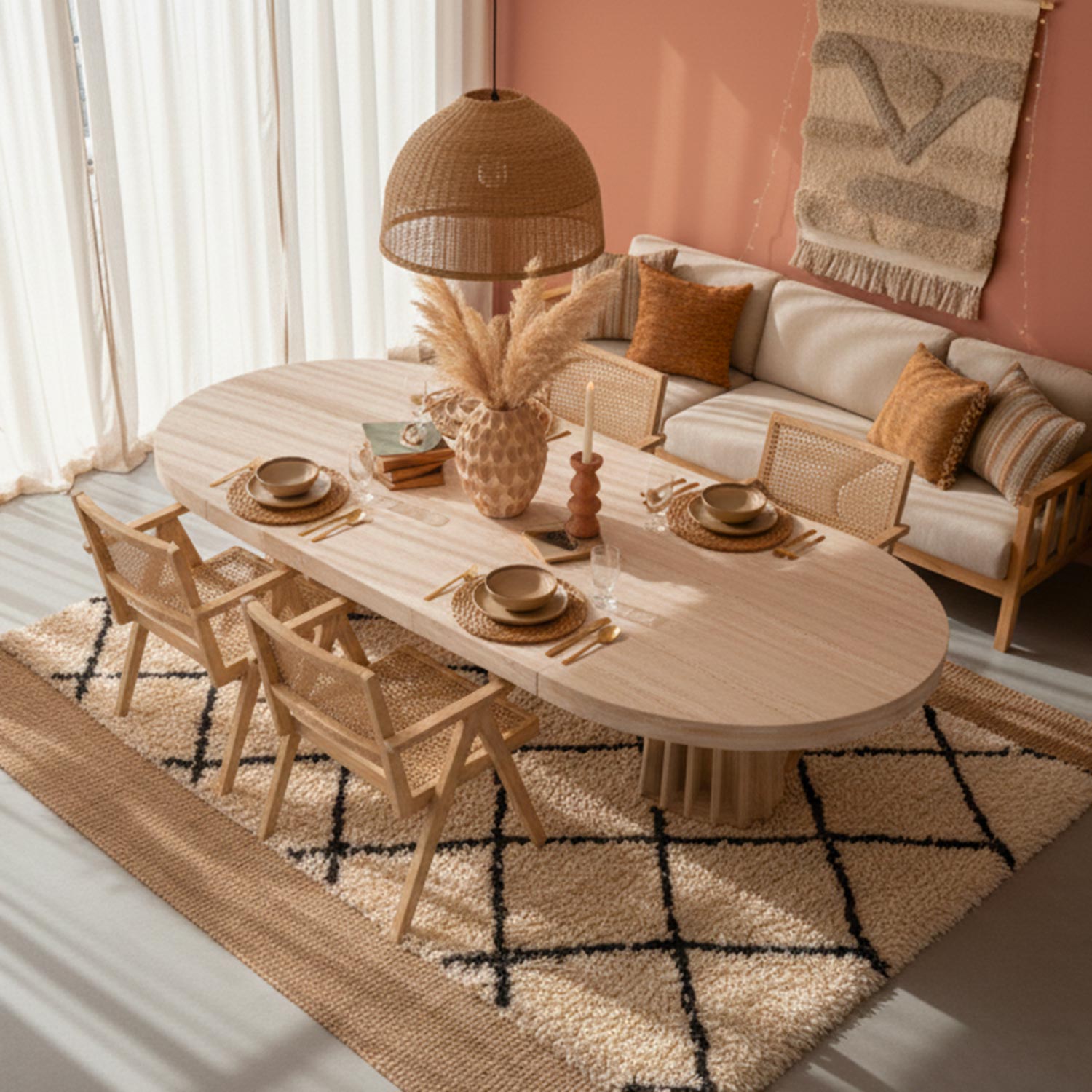Table ovale extensible 150-300cm Eliza Effet Travertin Beige