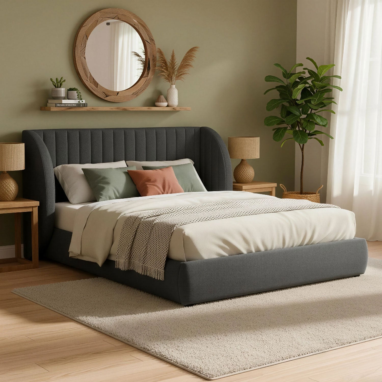 Lit coffre-complet avec tête de lit modulable Cocon 140x200cm Tissu Gris foncé