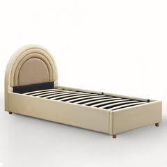 Lit simple avec sommier relevable et tête de lit en arche Carlette simili beige
