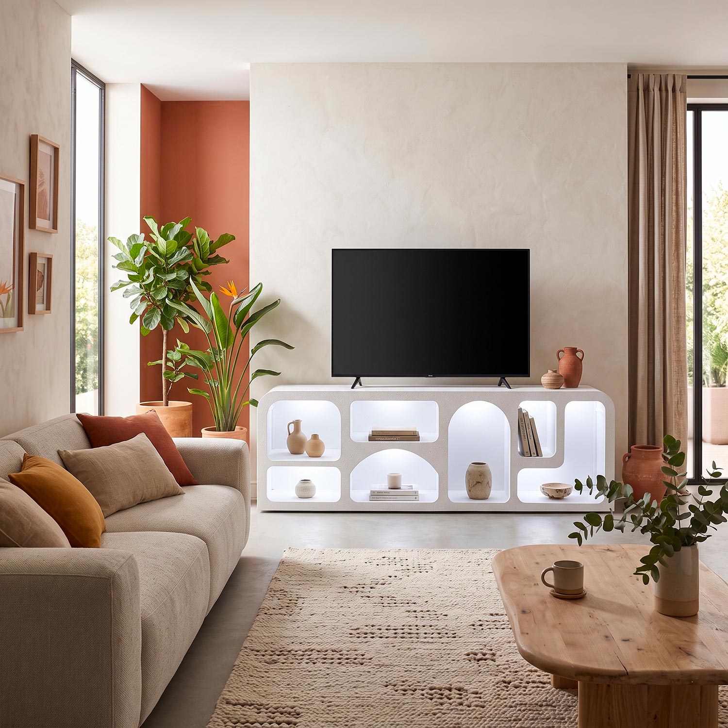 Buffet bas L160cm design arches avec LED intégrées Navalor Blanc