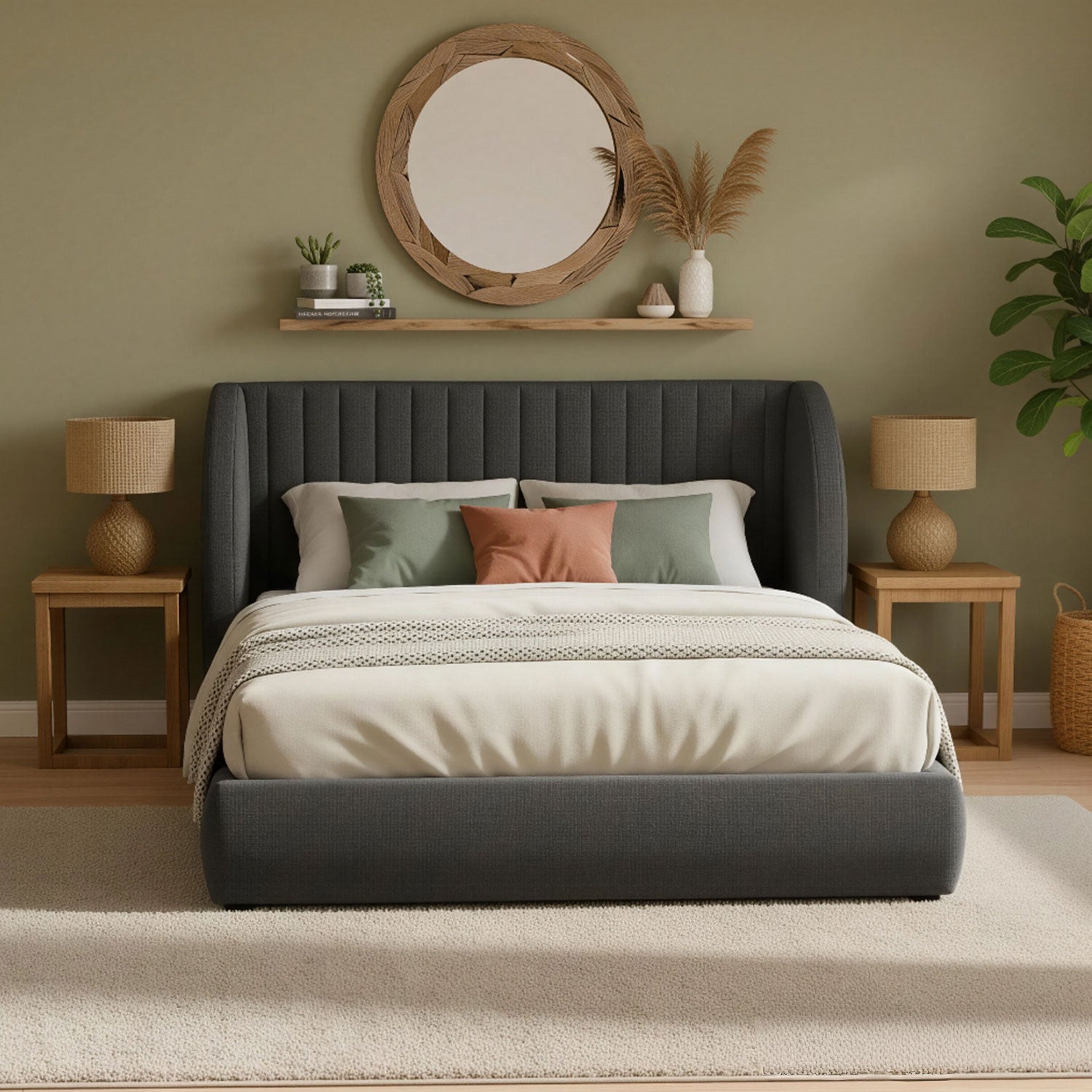Lit coffre-complet avec tête de lit modulable Cocon 140x200cm Tissu Gris foncé