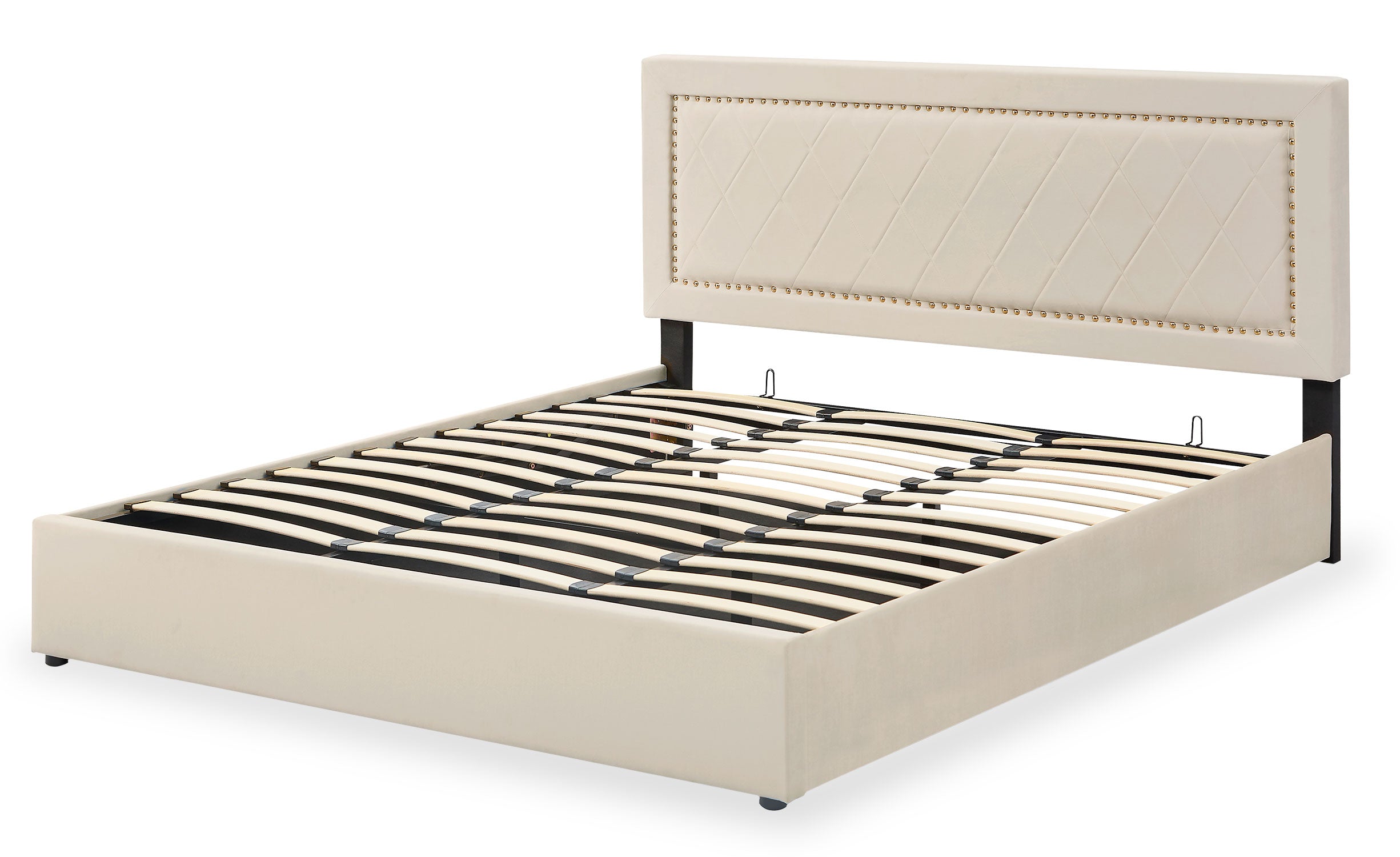 Lit coffre Sandiego avec sommier relevable 180x200cm et tête de lit cloutée Velours Beige clair