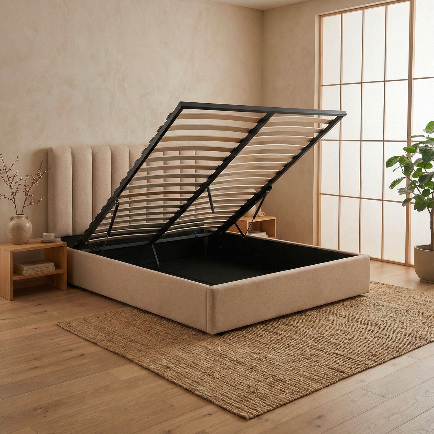 Pack Lit-coffre Songe + Matelas Bedream 160x200cm Tissu Beige