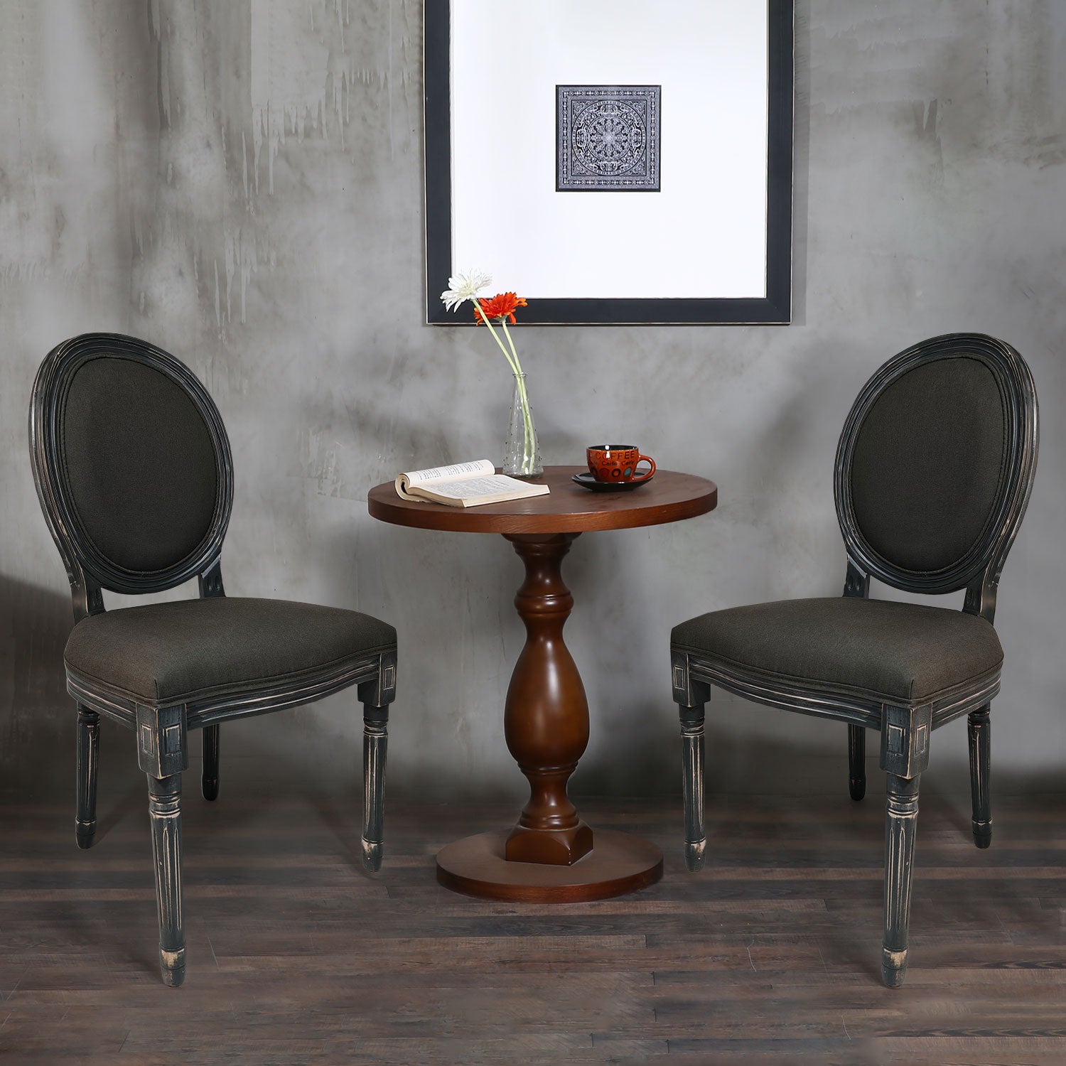 Lot de 2 chaises de style médaillon Louis XVI Bois gris patiné & tissu gris