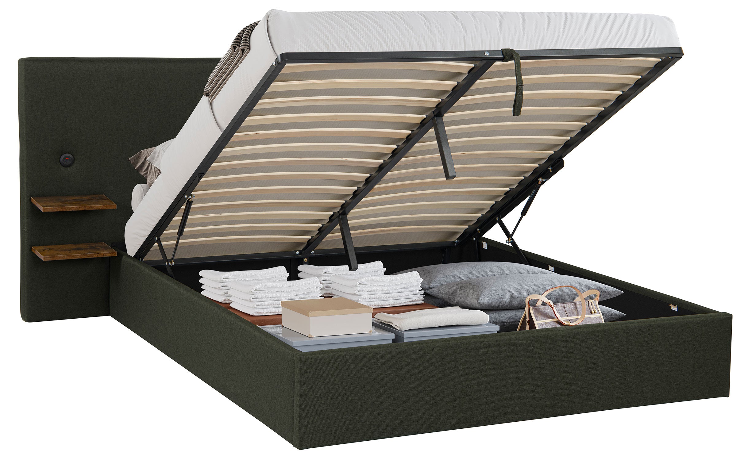 Lit-coffre complet avec tablettes et ports USB intégrés Lukas 180x200cm Tissu Vert