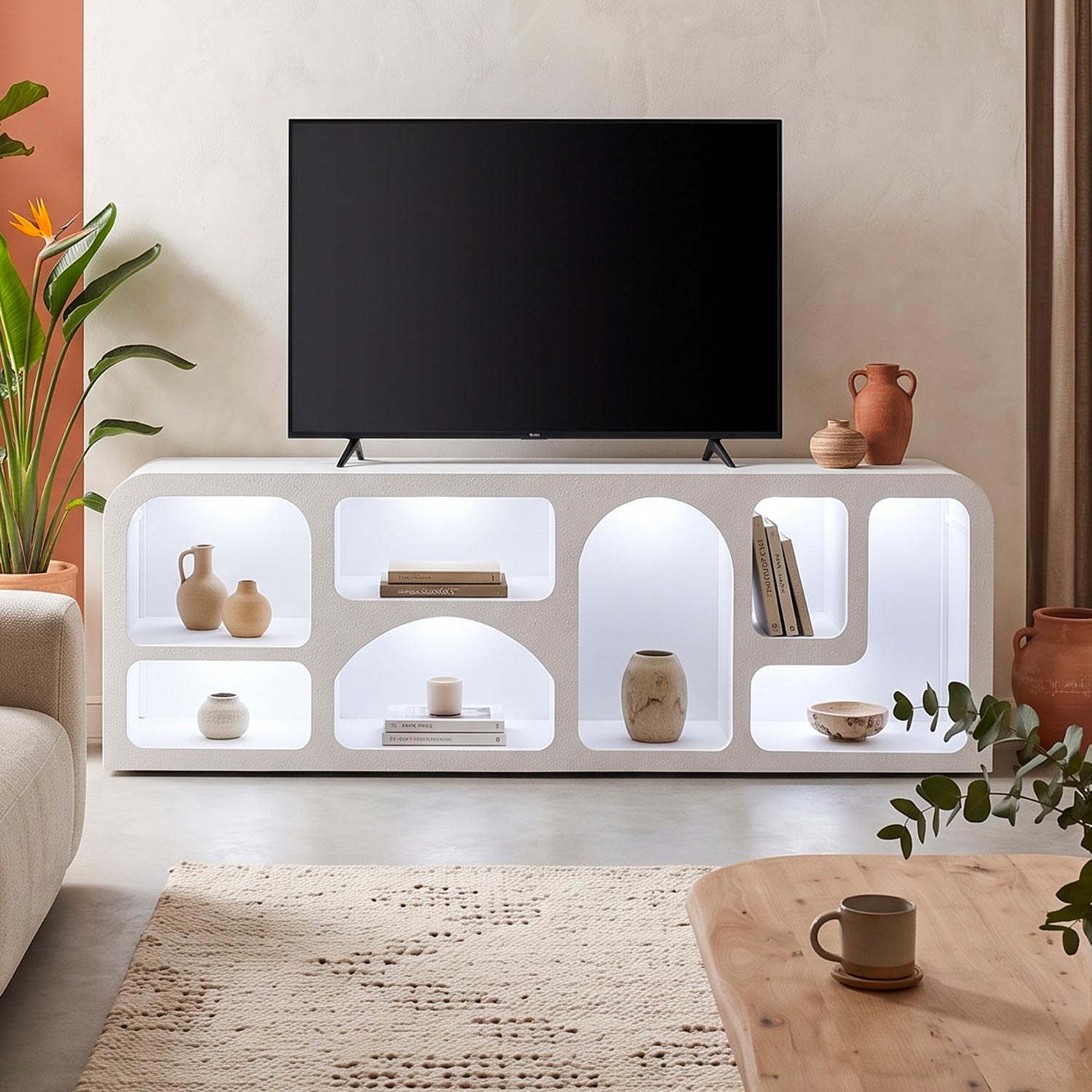 Buffet bas L160cm design arches avec LED intégrées Navalor Blanc