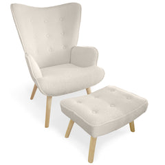 Fauteuil scandinave + pouf Lylou Tissu bouclette lainée Crème