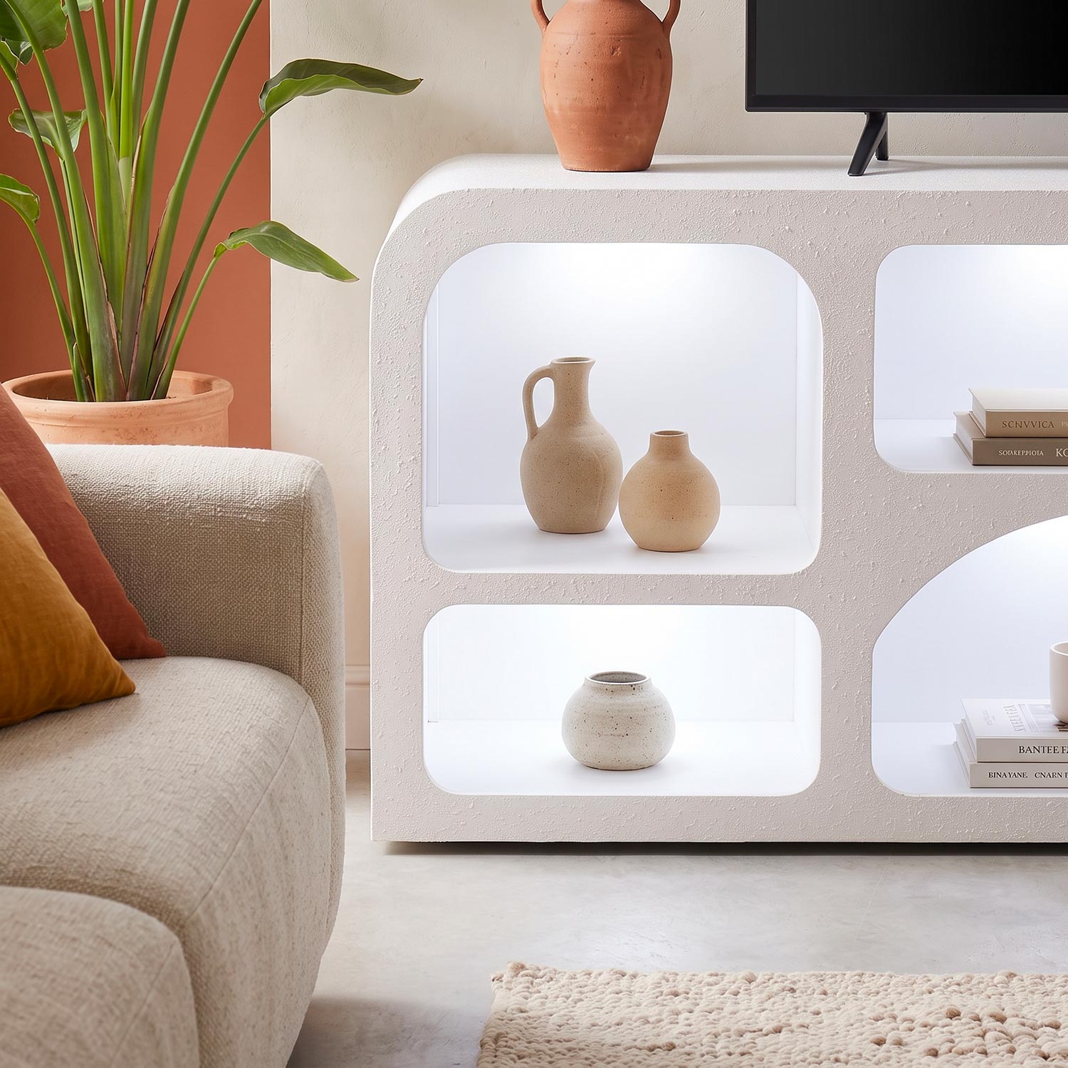 Buffet bas L160cm design arches avec LED intégrées Navalor Blanc