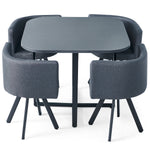 Table et 4 chaises gris en tissu avec structure en métal noir