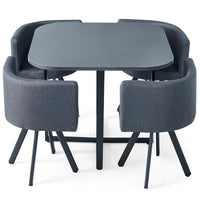 Table et 4 chaises gris en tissu avec structure en métal noir