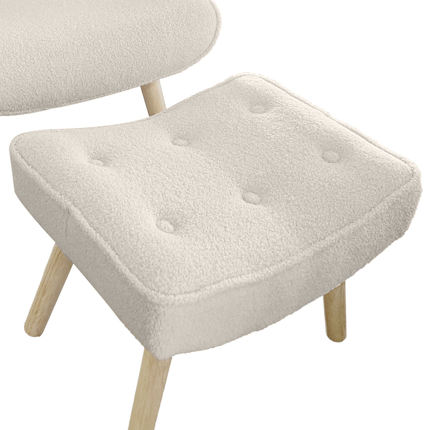 Fauteuil scandinave + pouf Lylou Tissu bouclette lainée Crème