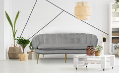 Canapé 3 places arrondi Brenda Velours Argent pieds Or