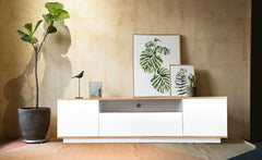 Meuble TV au design linéaire Iliade L180cm Bois clair et Blanc