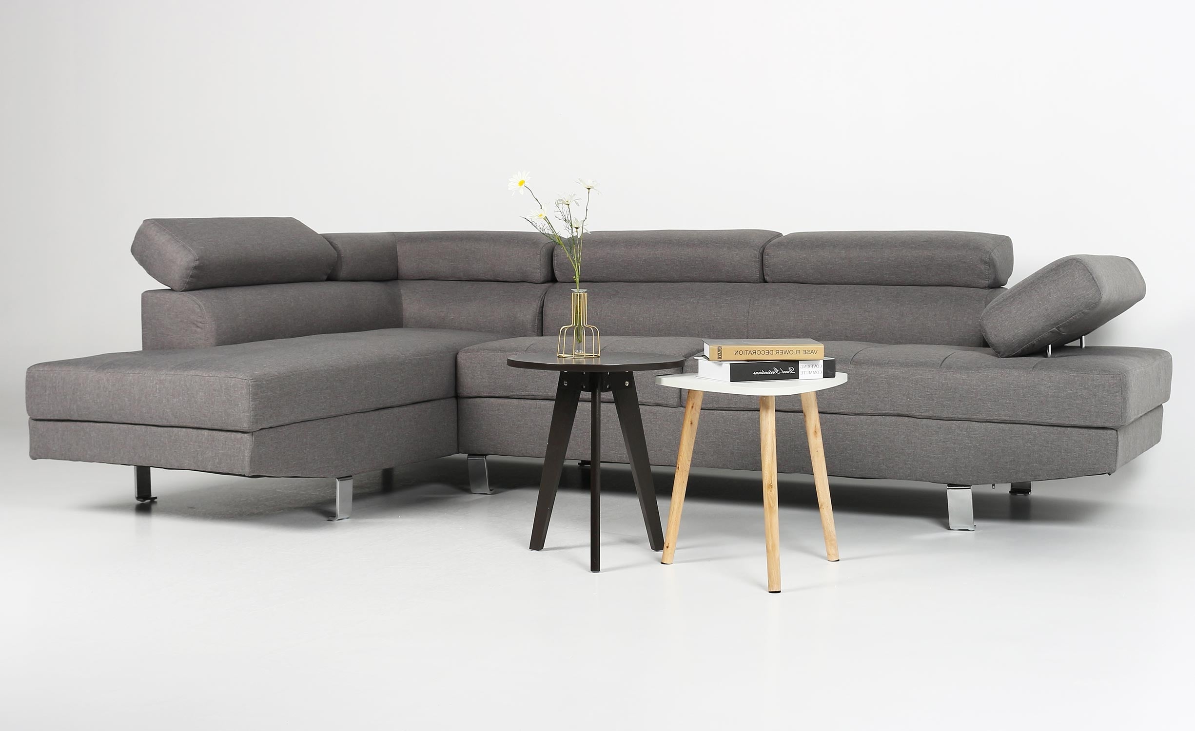 Canapé d'angle avec têtières relevables Alfa Tissu Gris