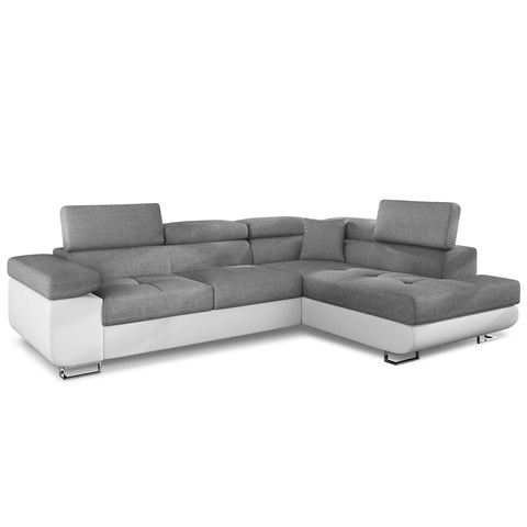 Canapé d'angle Alixto convertible à droite simili blanc et tissu gris clair