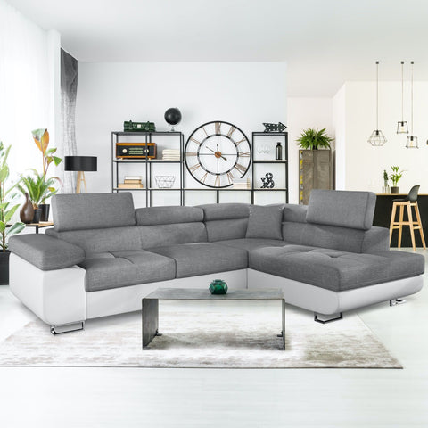 Canapé d'angle Alixto convertible à droite simili blanc et tissu gris clair