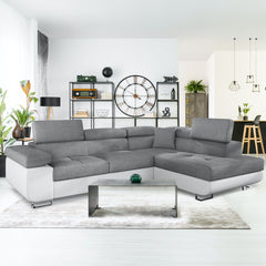 Canapé d'angle Alixto convertible à droite simili blanc et tissu gris clair