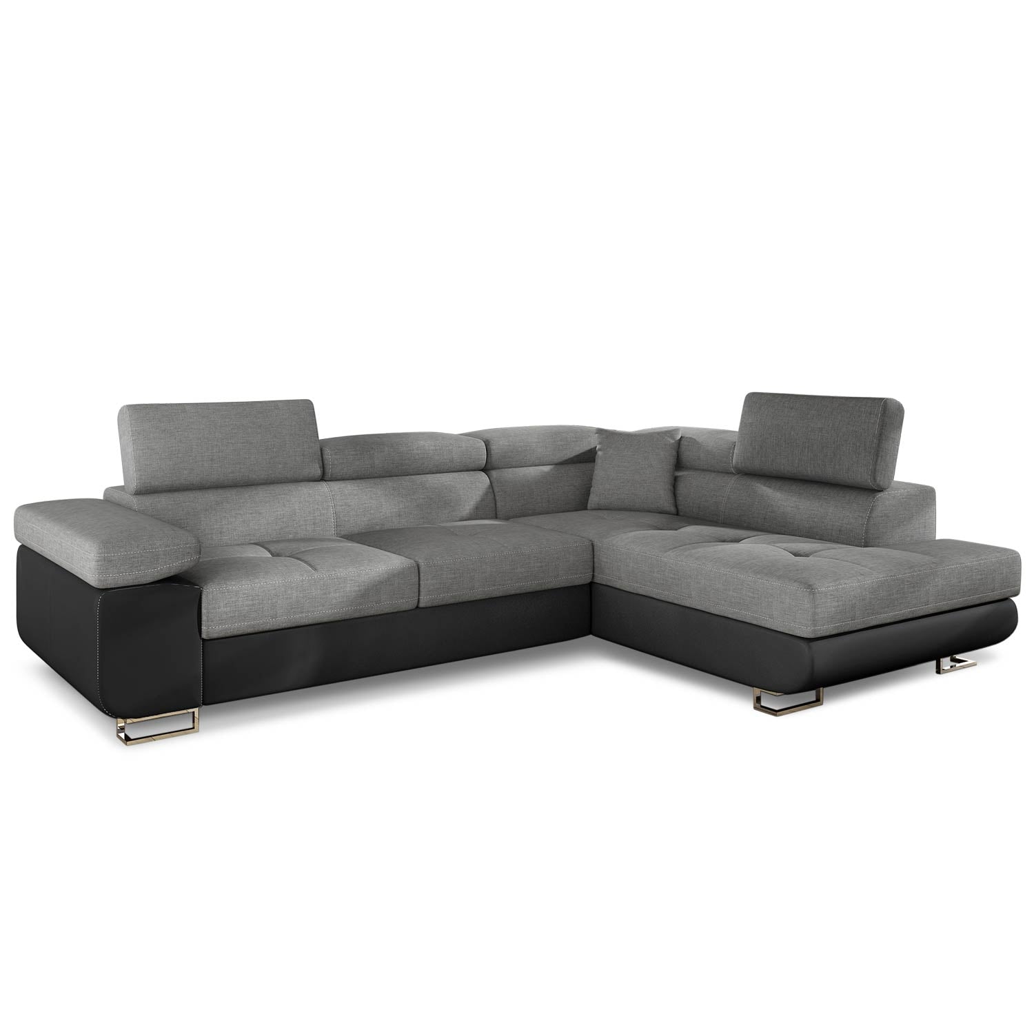Canapé d'angle convertible Antoni avec têtières relevables Simili Noir et Tissu Gris foncé