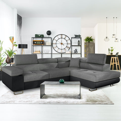 Canapé d'angle convertible Alixto têtières ajustables simili noir tissu gris foncé
