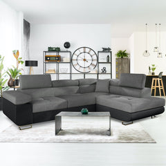 Canapé d'angle convertible avec têtières ajustables en simili cuir noir et tissu gris foncé