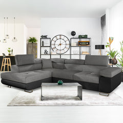 Canapé d'angle convertible Alixto en simili noir et tissu gris foncé avec têtières réglables