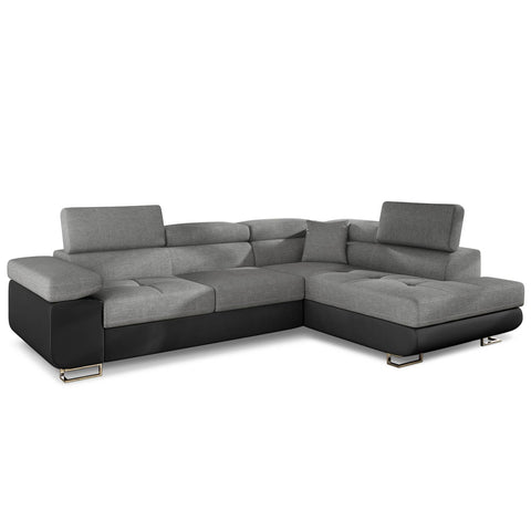 Canapé d'angle convertible Alixto têtières ajustables simili noir tissu gris foncé