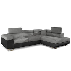 Canapé d'angle convertible Antoni avec têtières relevables Simili Noir et Tissu Gris foncé