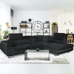 Canapé d'angle Alixto convertible avec têtières relevables en simili noir