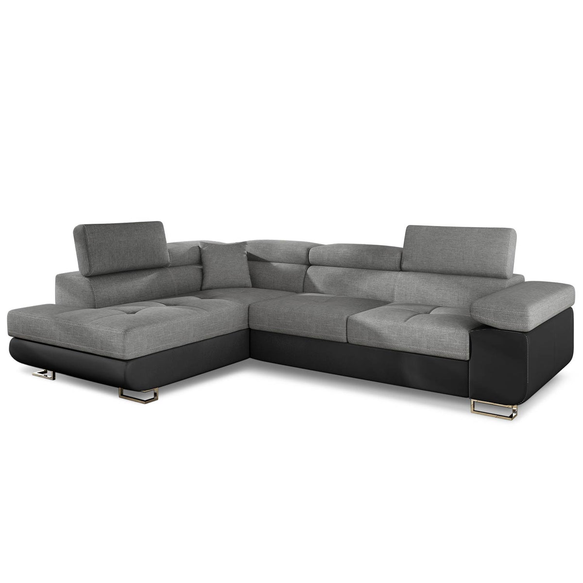 Canapé d'angle convertible Alixto en simili noir et tissu gris foncé avec têtières réglables