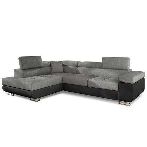 Canapé d'angle convertible Alixto en simili noir et tissu gris foncé avec têtières réglables