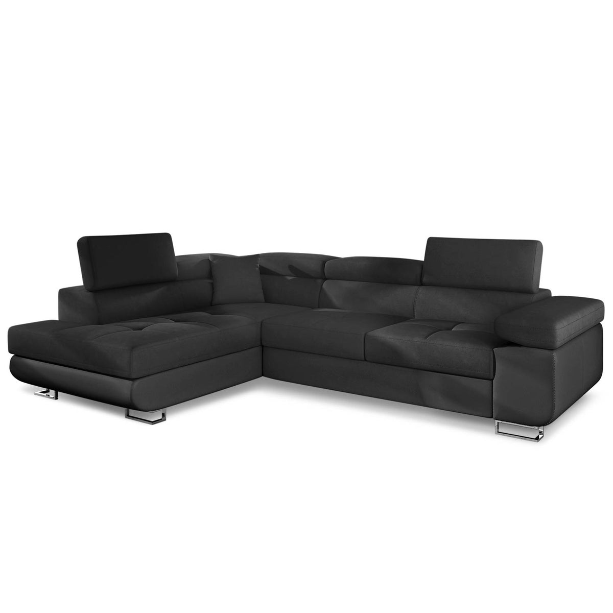 Canapé d'angle Alixto convertible avec têtières relevables en simili noir
