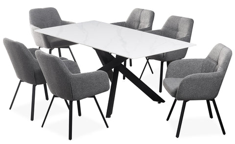 Table rectangulaire Brillya pour salle à manger en métal noir et céramique effet marbre blanc