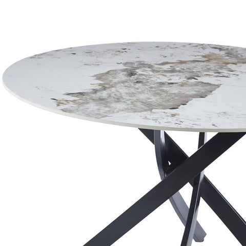 Table ronde Callini céramique marbre blanc 120cm pieds croisés métal noir