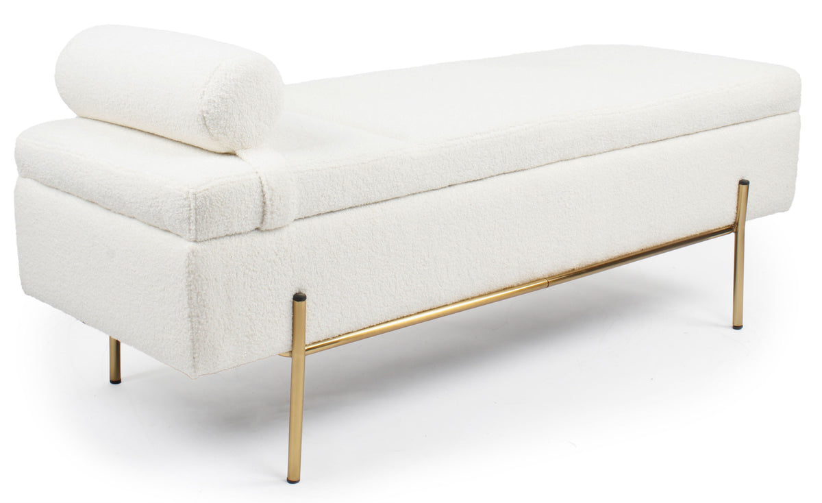 Banquette-coffre Belva moderne en tissu bouclette blanc L140cm