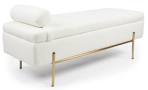 Banquette-coffre Belva moderne en tissu bouclette blanc L140cm