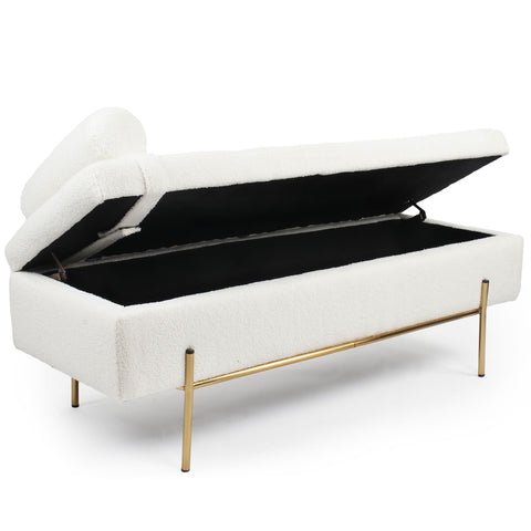 Banquette-coffre Belva moderne en tissu bouclette blanc L140cm