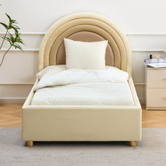 Lit simple avec sommier relevable et tête de lit en arche Carlette simili beige