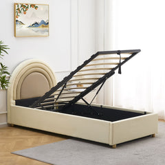 Lit simple avec sommier relevable et tête de lit en arche Carlette simili beige