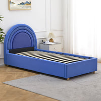 Lit simple Carlette avec tête de lit en arche et sommier relevable simili bleu