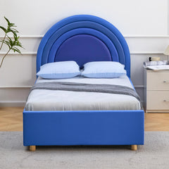 Lit simple Carlette avec tête de lit en arche et sommier relevable simili bleu