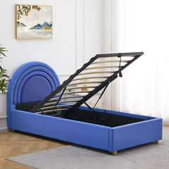 Lit simple Carlette avec tête de lit en arche et sommier relevable simili bleu