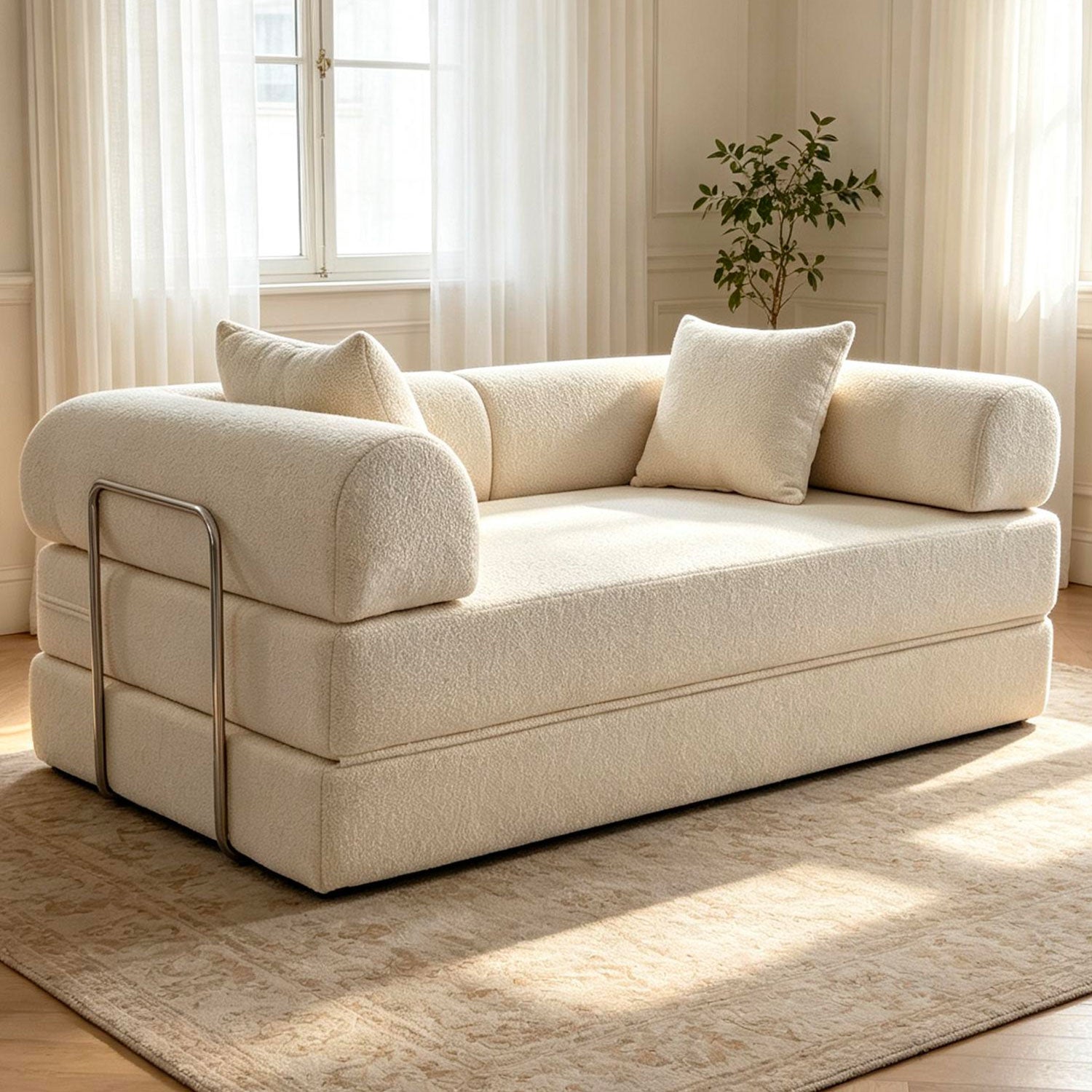 Canapé 2 places convertible et modulable Bergerac Tissu bouclette Crème