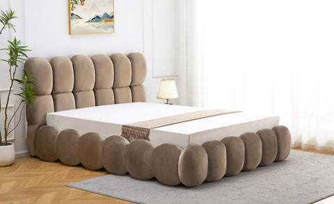 Lit-coffre Carlin boule avec sommier relevable en velours taupe 160x200 cm