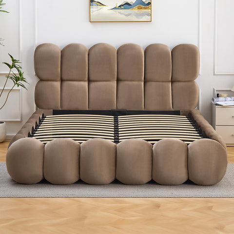 Lit-coffre Carlin design boule avec sommier relevable 140x190cm velours taupe