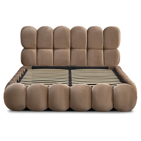 Lit-coffre Carlin boule avec sommier relevable en velours taupe 160x200 cm
