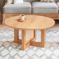 Table basse ronde D80cm Bohemia Chêne clair et Rotin