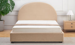 Lit-coffre Carualis avec tête de lit arrondie 140x190cm tissu bouclette beige